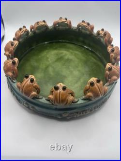 Vintage Rare Majolica 13 Frog Round Pottery Bowl Ceramic Planter Lily Pads