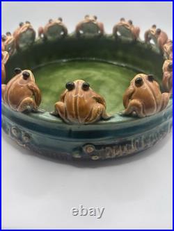 Vintage Rare Majolica 13 Frog Round Pottery Bowl Ceramic Planter Lily Pads