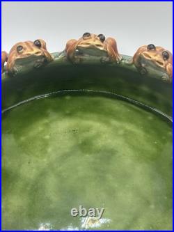 Vintage Rare Majolica 13 Frog Round Pottery Bowl Ceramic Planter Lily Pads