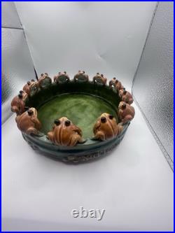 Vintage Rare Majolica 13 Frog Round Pottery Bowl Ceramic Planter Lily Pads