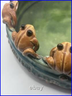Vintage Rare Majolica 13 Frog Round Pottery Bowl Ceramic Planter Lily Pads