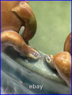 Vintage Rare Majolica 13 Frog Round Pottery Bowl Ceramic Planter Lily Pads