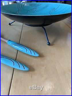Vintage Roselane Pasadena Turquoise Bowl with Original Black Iron Stand & Utencils