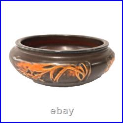 Vintage Roseville Pottery Bowl Brown Orange Relief Carved MCM Art Pottery Dish