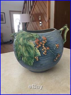 Vintage Roseville Pottery Double Handled Blue Bushberry Bowl, Model 411, 8 Tall