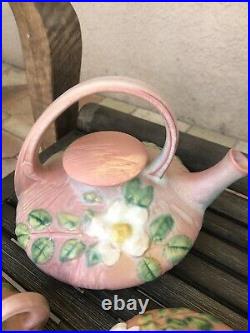 Vintage Roseville Pottery White Rose Pink Teapot Set Sugar Bowl & Creamer 1940s