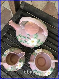 Vintage Roseville Pottery White Rose Pink Teapot Set Sugar Bowl & Creamer 1940s