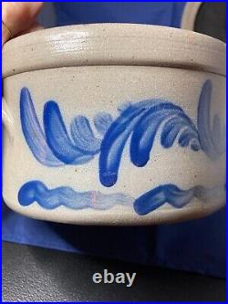 Vintage Rowe Pottery Handmade Large Floral Salt Glaze Covered Crock/Baker 1994