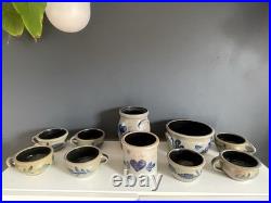 Vintage Rowe Pottery Works Cambridge WI Blue Heart Stoneware Bowl Crock Mug Lot