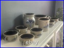 Vintage Rowe Pottery Works Cambridge WI Blue Heart Stoneware Bowl Crock Mug Lot