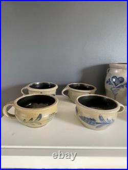 Vintage Rowe Pottery Works Cambridge WI Blue Heart Stoneware Bowl Crock Mug Lot
