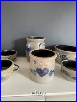 Vintage Rowe Pottery Works Cambridge WI Blue Heart Stoneware Bowl Crock Mug Lot