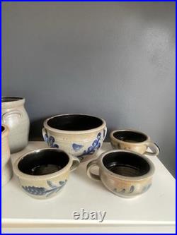 Vintage Rowe Pottery Works Cambridge WI Blue Heart Stoneware Bowl Crock Mug Lot