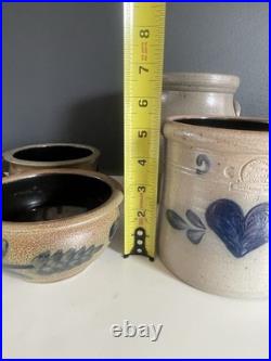 Vintage Rowe Pottery Works Cambridge WI Blue Heart Stoneware Bowl Crock Mug Lot