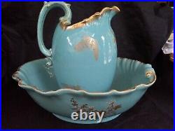 Vintage SARREGUEMINES Large 2pc Blue Enameled Wash Basin Bowl & Floral Pitcher