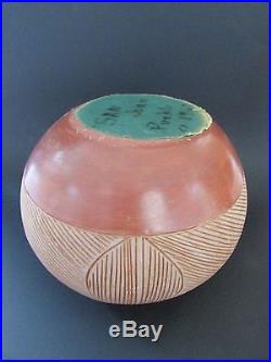Vintage San Juan Pueblo Handbuilt Geometric Pottery Bowl by Rosita Cata 1967