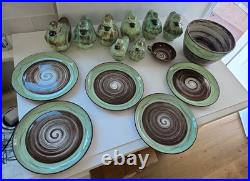 Vintage Santa Anita Ware Vreni Green Brown Pottery Set 5 Plates Bowl Duck Dishes