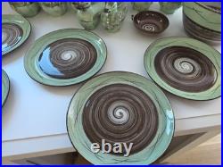Vintage Santa Anita Ware Vreni Green Brown Pottery Set 5 Plates Bowl Duck Dishes
