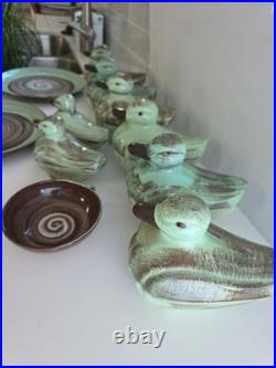 Vintage Santa Anita Ware Vreni Green Brown Pottery Set 5 Plates Bowl Duck Dishes