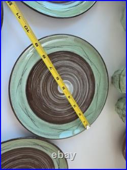 Vintage Santa Anita Ware Vreni Green Brown Pottery Set 5 Plates Bowl Duck Dishes