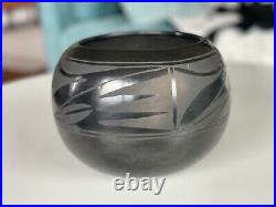 Vintage Santa Clara Pueblo Large 8.5 Black Pottery Bowl Signed