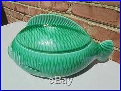 Vintage Sarreguemines Green Majolica Fish Figural Covered Casserole Bowl