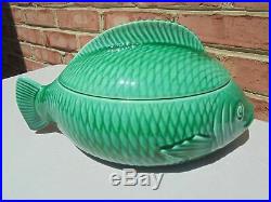 Vintage Sarreguemines Green Majolica Fish Figural Covered Casserole Bowl