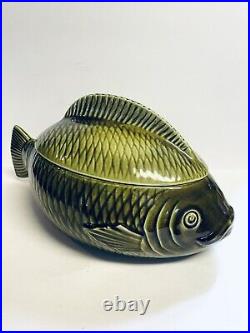 Vintage Sarreguemines Majolica Green Pottery Tureen French Lidded Fish Carp Dish