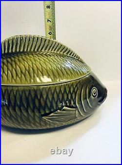Vintage Sarreguemines Majolica Green Pottery Tureen French Lidded Fish Carp Dish