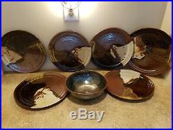 Vintage Set Of 7 Pottery Dinner Plate Decor Signed Stoneware Glazed Bowl Rare