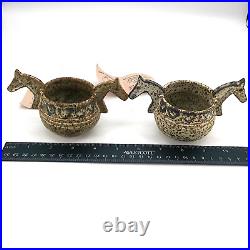 Vintage Set of 2 Tokheim Stoneware handmade Two headed Horse Head Ale Bowls RARE