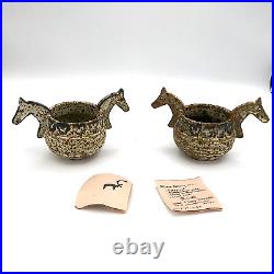 Vintage Set of 2 Tokheim Stoneware handmade Two headed Horse Head Ale Bowls RARE