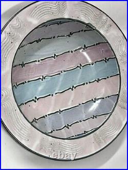 Vintage Signed Cunningham Pottery Raised Large Bowl Pastel W Wall Hanger MINT