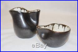 Vintage Signed EUGENE DEUTCH Art Pottery BROWN Glaze Sugar Bowl & Creamer Set