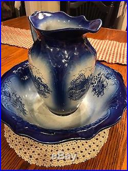 Vintage Staffordshire England Ironstone Blue Wash Bowl & Pitcher EUC