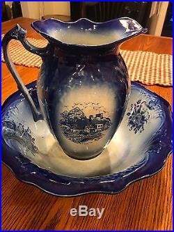 Vintage Staffordshire England Ironstone Blue Wash Bowl & Pitcher EUC