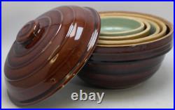 Vintage Stoneware Pottery Nesting Mixing Bowl Set of 5 Teal/Tan/Brown 5in-9in
