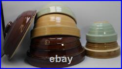 Vintage Stoneware Pottery Nesting Mixing Bowl Set of 5 Teal/Tan/Brown 5in-9in