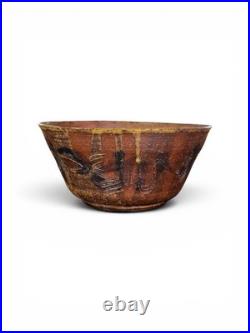 Vintage Studio Art Pottery Bowl Abstract Iron Brown Glaze Ceramic