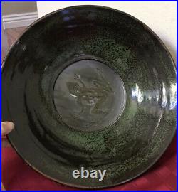 Vintage Studio Art Pottery Green FROG Handmade Ceramic Bowl Glazed Signed 14