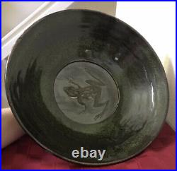 Vintage Studio Art Pottery Green FROG Handmade Ceramic Bowl Glazed Signed 14