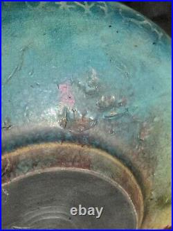 Vintage Studio Art Pottery Handcrafted Shallow Bowl Turquoise with Symbols Signed