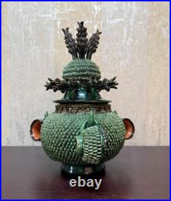 Vintage Studio Pottery Punch Bowl Set Green Textured Pinecone Thistle 10 with Lid