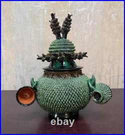 Vintage Studio Pottery Punch Bowl Set Green Textured Pinecone Thistle 10 with Lid