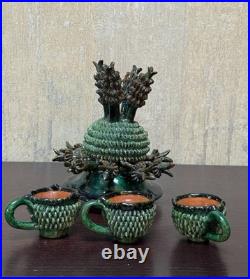 Vintage Studio Pottery Punch Bowl Set Green Textured Pinecone Thistle 10 with Lid