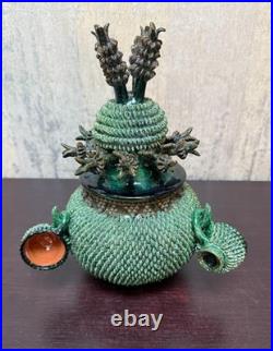 Vintage Studio Pottery Punch Bowl Set Green Textured Pinecone Thistle 10 with Lid