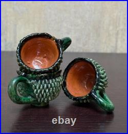 Vintage Studio Pottery Punch Bowl Set Green Textured Pinecone Thistle 10 with Lid