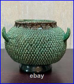 Vintage Studio Pottery Punch Bowl Set Green Textured Pinecone Thistle 10 with Lid