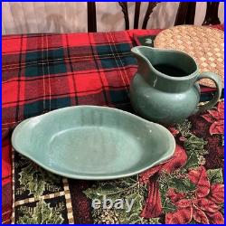 Vintage Studio Pottery Serving Bowl Signed BB Blue-Green Glaze Hand Thrown