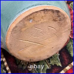 Vintage Studio Pottery Serving Bowl Signed BB Blue-Green Glaze Hand Thrown